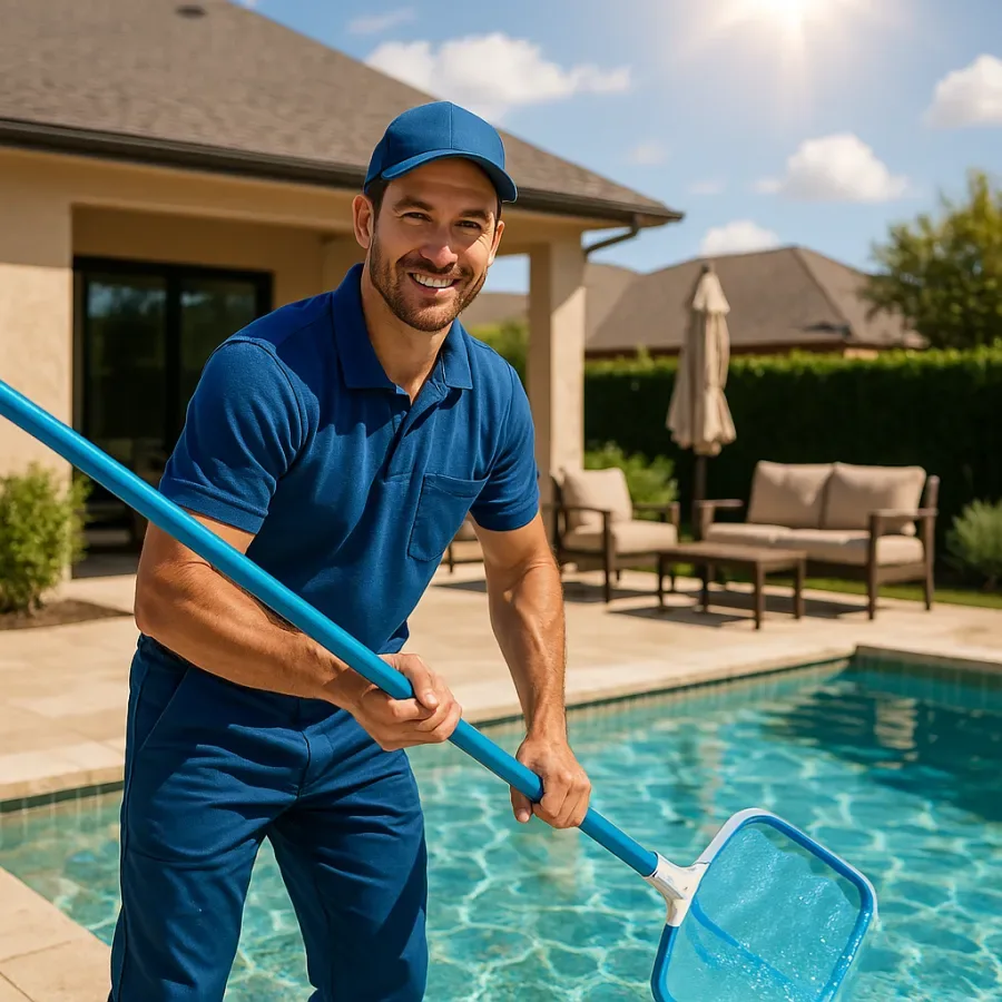 Certified Endless Blue Pools technician skimming a backyard pool